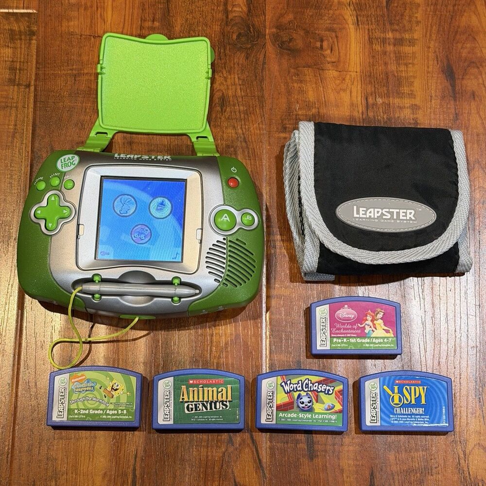 LeapFrog Leapster Green Handheld Console & 5 Game Lot - SpongeBob, Disney & More
